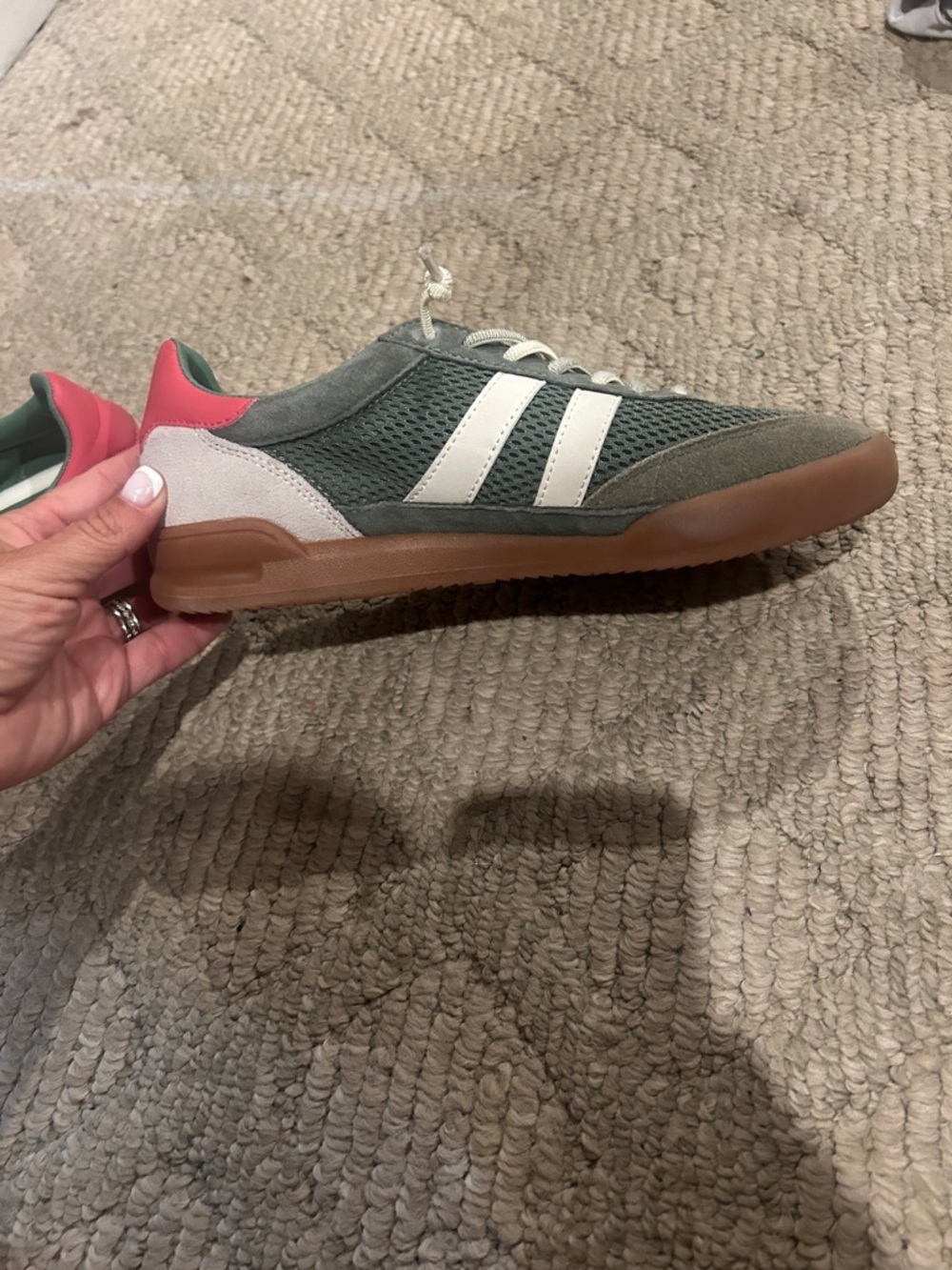 Steve Madden Olive Mesh & Suede Sneakers with Gum Sole and Pink Heel - Picture 7 of 10
